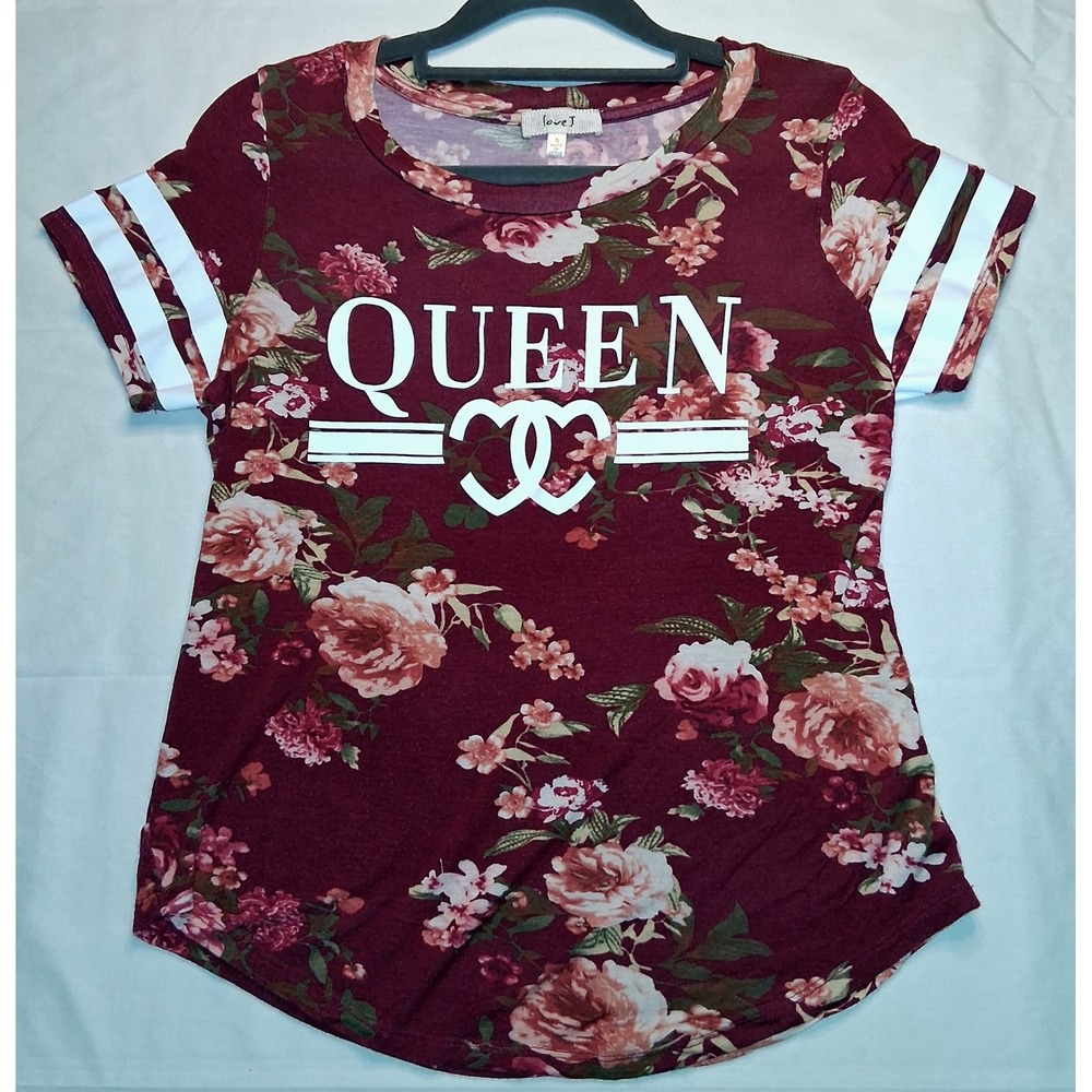Love J Floral Queen Burgundy White Striped Short Sleeve T-Shirt Top‎ Women's S
